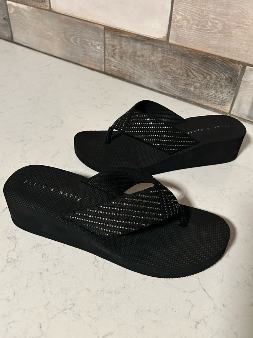 Kelly & Katie Black Wedge Flip Flop Thong Platform Sandal with Rhinestone Accent - Picture 7 of 16